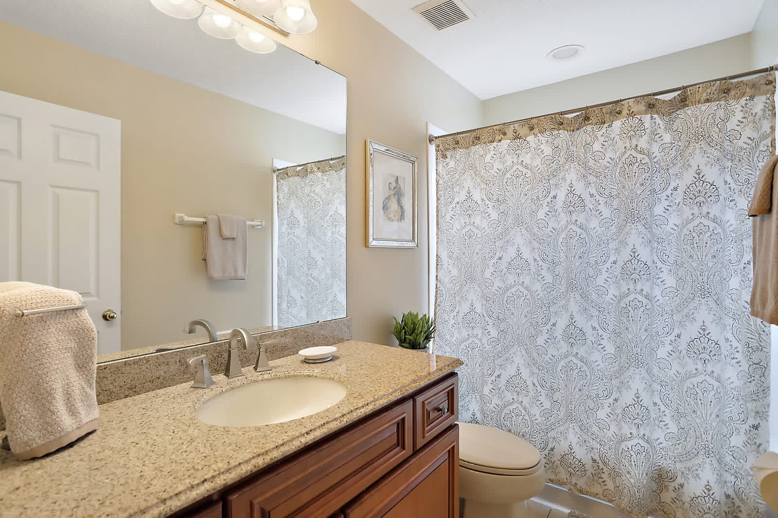 Modern bathroom with granite countertop, wood vanity, large mirror, and decorative shower curtain